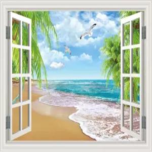 가짜 창문 벽 벽화 해변 야자수 예술 포스터 사무실 홈 룸 장식 필 앤 스틱 스티커 24인치 x 16인치