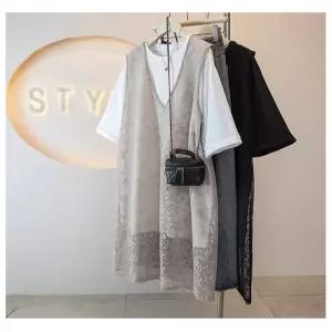 44-99 빅사이즈 루미 레이스 레이어드 롱티셔츠 조끼 세트 투피스 세트 찰랑 데일리