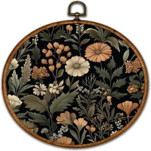 BCUANGD 빈티지 플라워 원형 벽 아트 데코 - 레트로 보호 식물성 꽃 캔버스 프레임 아트워크 프린트
