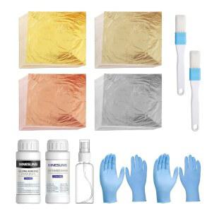 나인성 금박 도금 접착제 세트 수성 100ML 및 바니시 100ML 4가지 색상 시트 100개 브러시 2개 스프레이 병 공예 회화 예술용 키트