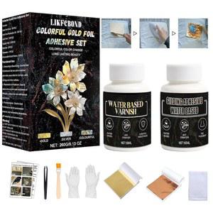 금도금 접착제 세트 공예용 다양한 금박 키트 컬러풀 시트 및 동박 10개 수성 50ML 바니시 50ML 브러시 핀셋 장갑