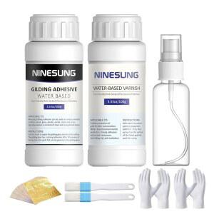 나인성 골드 리프 키트 | 접착제 세트 100ML 수성 및 바니시 100개의 시트 2개의 브러시 스프레이 병 포함 아트 크래프트 페인팅을 위한