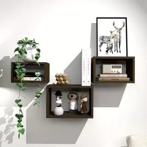 프리미엄 블랙 호두 플로팅 큐브 선반 우드 박스 스타일 벽 보관 디스플레이 3종 세트 사전 조립 사용 준비