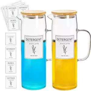 노아무스 2팩 세탁 세제 디스펜서 세트 대나무 뚜껑 손잡이가 있는 50온스 섬유 유연제 보관 병 12개 라벨