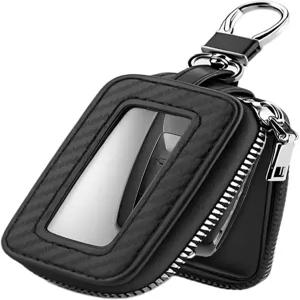 PALEI 자동차 키 포브 케이스 투명 창문 및 지퍼 잠금 장치가 있는 가죽 홀더 원격 체인 백