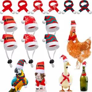 위우데이 12개 미니 크리스마스 펫 산타 모자 스카프 세트 성체 작은 동물 닭 고양이 햄스터 기니 선물