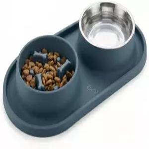 슬로우 피더 개 볼 스테인리스 스틸 물그릇이 있는 2in1 고양이를 위한 미끄럼 방지 논스필 퍼즐 강아지 및