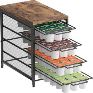 커피 포드 서랍 홀더 72개 용량의 K컵 홈 오피스용 슬라이딩 바구니가 있는 러스틱 우드 탑 정리함이