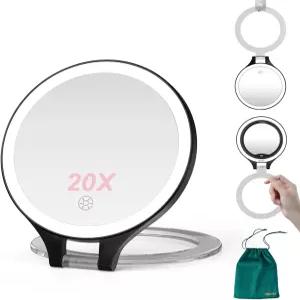 Mocado 여행용 메이크업 미러라이트 포함 1배/20배 확대 양면 3가지 컬러 디밍 가능한 터치 충전식