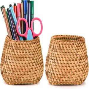 하카로아 책상용 라탄 펜 홀더 2개 세트 수제 위커 컵 귀여운 보호 정리함 직조 메이크업 브러시 가정용