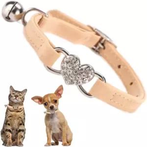 벨이 달린 강아지 목걸이 블링 다이아몬드 하트 소프트 벨벳 고양이 Xs 작은 소녀들을 위한 애완 카키