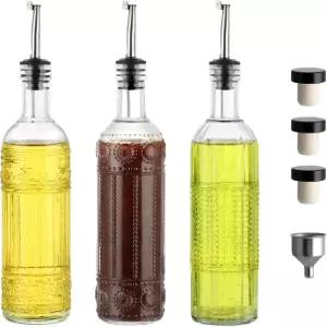 MDLUU 오일 및 식초 디스펜서 세트 17온스 투명 유리 올리브 병 3팩 스푸트 3개 플러그 깔때기 1개 포함