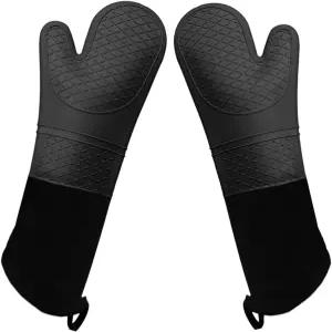린닐 엑스트라 롱 실리콘 오븐 미트 헤비 듀티 상업용 등급 퀼트 코튼 안감 2팩블랙
