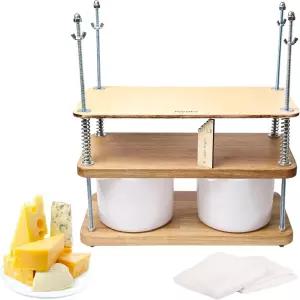 천연 오크 18mm 두께의 16인치 치즈 제조용 나무 프레스 - 2개의 몰드 1/2 갤 천 스프링 및 계량 저울이