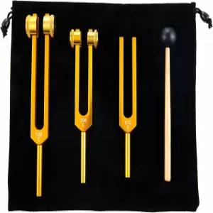 튜닝 포크 세트 128Hz - 치유 명상 요가 레이키 망치 및 보관 가방(황금색)을 위한 가중