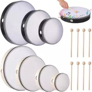 드럼 스틱이 포함된 8개의 핸드 세트 탬버린 4/6/8/10 나무 프레임 및 모조 가죽 젊은 뮤지션을 위한