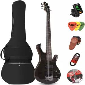 불스타 일렉트릭 베이스 기타 5현 풀사이즈 스탠다드 초보자 키트 긱백 스트랩 및 케이블 픽 포함 DB120