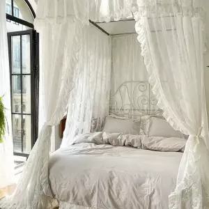 침대 커튼 캐노피 크림화이트레이스스테인리스지지대 모기장 스탠드 스타
