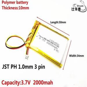 JST PH 1.0mm 3 핀 리튬 배터리 좋은3.7V 초기 103450 2000mAh 헤드라이트 GPS 네비게이터 일반 폴리머