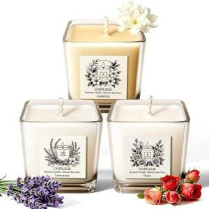 CHFILZLE 향초 선물 세트 (3팩) 가정용 천연 대두 향초 라벤더 로즈 재스민 오래 지속되는 인류학 스타일 장식 여성용 스트레스 해소 선물