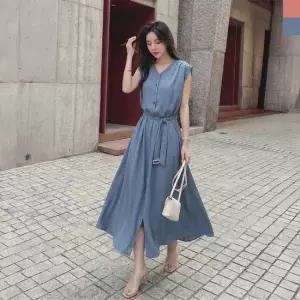 여성 V넥 쉬폰 벨트 나시 롱 원피스 DJW-OPA-SKAA9006W