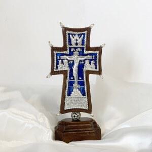 십자고상 블루 에나멜 종교 상징 그리스도 13CM 십자가 물푸레나무 탁상 은도금 진주 정교회 나무