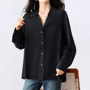 시크로맨틱 넥라인 레이스 루즈핏 블랙 셔츠 블라우스