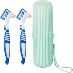Anbbas 2pcs 더블 브리스틀 헤드 틀니 브러시 휴대용 칫솔 컵 홀더 포함 치과용 청소 구강 기기 제대로