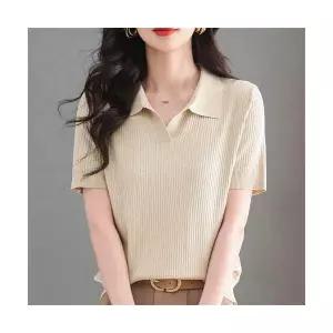 여사친 니트 여름 스웨터 칼라 쿨링 반팔 티셔츠 옷 펄 얇은 솔리드 상의 BE2