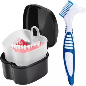 여행 청소용 틀니 클리너 브러시 스트레이너 바구니가 포함된 KISEER 블랙 목욕 케이스 컵 홀더 보관 용기