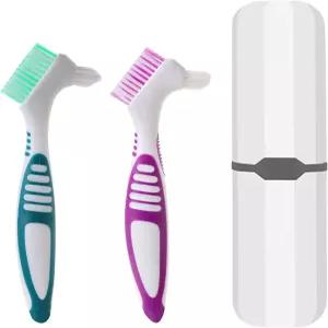 클로피악 2Pcs 틀니 청소 칫솔 키트 가짜 흰색 휴대용 케이스 1개 여행용 다층 부드러운 청소기 인체공학적