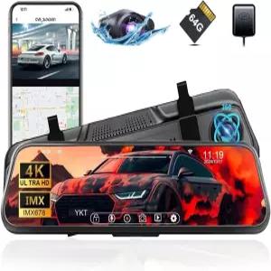 YKT 4K 미러 대시캠 2K 카메라와 64GB 카드가 장착된 차량용 리어 뷰 10인치 터치스크린 전면 및 후면 WiFi