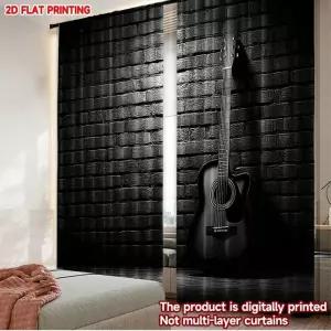 흡음커튼 방음 커튼 2개 블랙 기타 아트 디지털 인쇄 음악 거실 벽돌 벽 배경에 사실 악기
