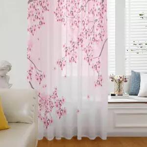 거실 침실 도어 윈도우 길이 84인치 로드 포켓 쉬폰 커튼 드레이퍼 보일 패널 핑크 아시안 벚꽃
