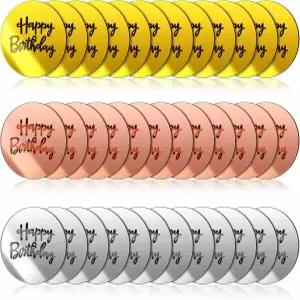 퀴케이 36개 거울 아크릴 생일 축하 컵케이크 토퍼 골드 로즈 실버 각인 DIY 케이크 픽 라운드 페이스트리