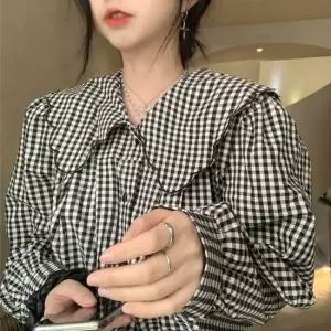 예쁜블라우스쇼핑몰 간절기 출근 룩 체크 긴팔 블라우스 빅 세일러 카라