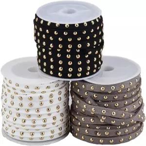 홉스프링 3롤 가짜 스웨이드 스트링 5mm 플랫 비딩 레이스 골드 리벳 화이트 블랙 그레이 스터드 태슬