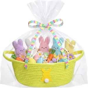 티니유 직조 부활절 바구니에 선물 가방과 리본 작은 면 비움 포장 달걀 사냥 보관용 손잡이가 달린 로프