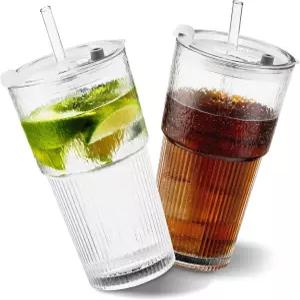 뚜껑과 빨대가 있는 18 유리 텀블러 2개 세트 스 커피 주스 스무디 밀크셰이크 칵 등을 위한 스타일리시한