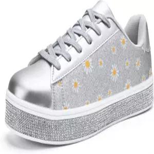 UUBARIS 여성용 글리터 테니스 스니커즈 네온 드레시한 반짝이는 라인스톤 블링 웨딩 브라이덜 슈즈 퀸