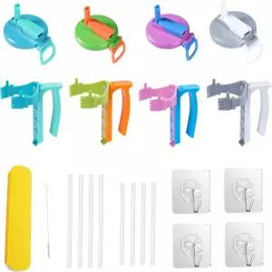 22 색상 소다 캔 뚜껑 및 손잡이 세트 12 16 멀티 컬러 4개 빨대 8개 길이 보관 케이스 브러시 접착 후크