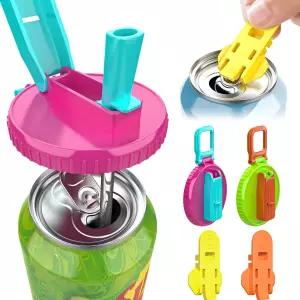 빨대가 달린 2pcs 소다 캔 뚜껑 짚 브러시 1개와 개봉기 2개 재사용 가능한 BPA 프리 커버 맥주 및 에너지