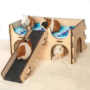 SoulThink 업그레이드된 대형 기니피그 은신처 놀이 공간과 케를 위한 경사로와 스 블루 침대 쿠션 장식