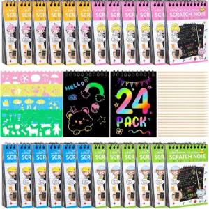 YSCa 24팩 스크래치 아트 및 공예 노트 레인보우 구디백 스터퍼 생일 파티 필수품 교실 상품 선호