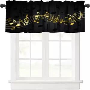 음악 창문 밸런스 커튼 블랙과 골든 노트 패턴 주방 거실 욕실 W54xL18in