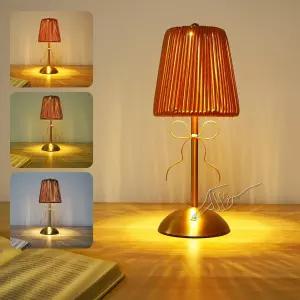 보호 보우 라탄 테이블 램프 무선 위커 직조 빈티지 LED 충전식 터치 컨트롤 3 컬러 디밍 가능한 독서용