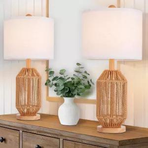 코툴린 21인치 보호 라탄 테이블 램프 세트 2개 거실 침실 복도 엔드 레트로 브라운 전구 포함 없음