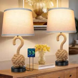 22인치 로프 램프 세트 2개 야간 스탠드용 보호 테이블 회전 스위치 USB 포트가 있는 3색 온도 라탄 침실용