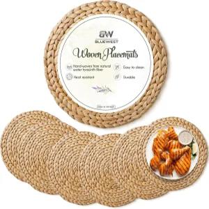 BLUEWEST 원형 직조 플레이스매트 1215 라탄 위커 워터 히아신스 땋은 세트 저녁 접시용 내열성/안티 슬립
