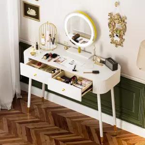 거울과 조명이 있는 WinZo 40인치 베니티 데스크 수납 서랍 2개와 충전 스테이션이 작은 메이크업 테이블